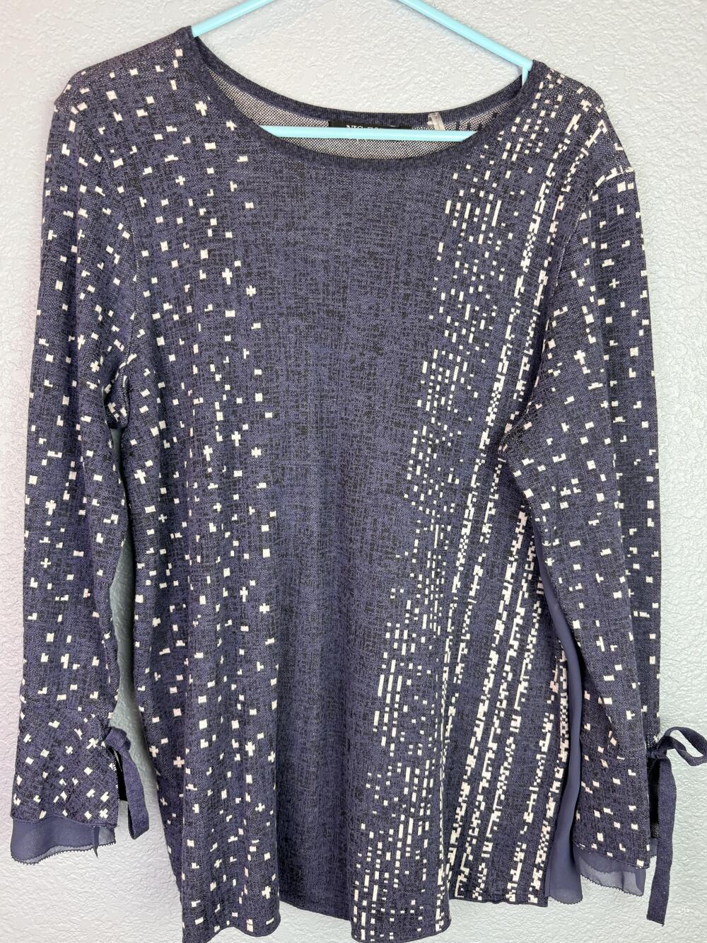 NIC+ZOE Sweater Womens Medium Blue Geometric Mixed Media Tie Sleeve Pullover Top